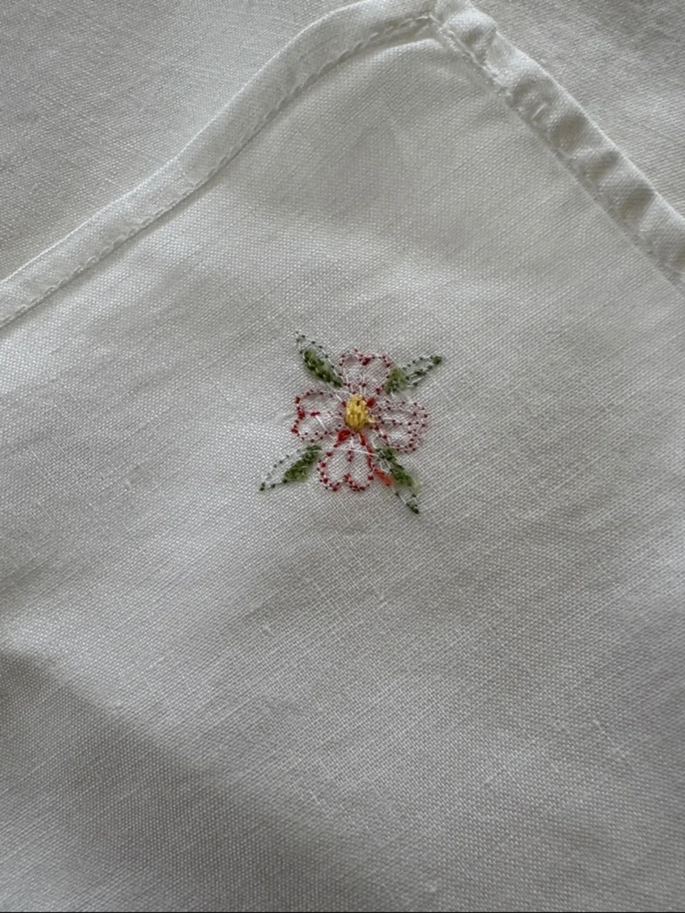Vintage White Cotton Linen Napkins with Pink & Green Floral Embroidery